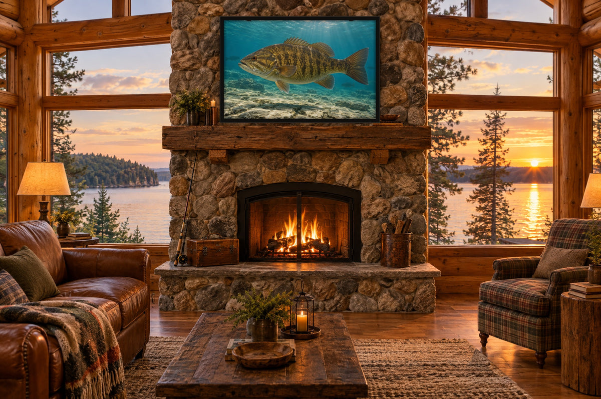 Framed smallmouth bass wall art above a stone fireplace in a log cabin overlooking a lake at sunset