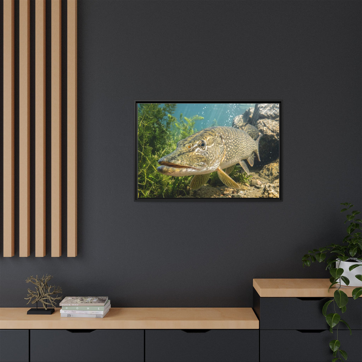 Northern Pike Clear Water Portrait Framed Canvas — Limited Edition Wall Art for Anglers
