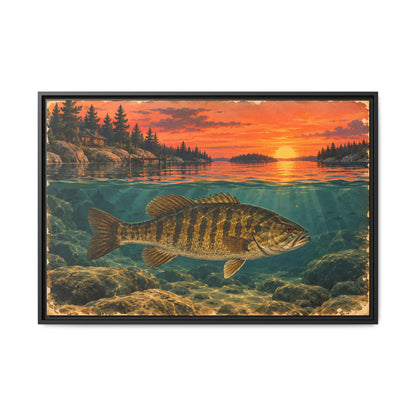 Mid-century lake art of a big smallmouth below a glowing orange sunset, fishing wall art framed canvas
