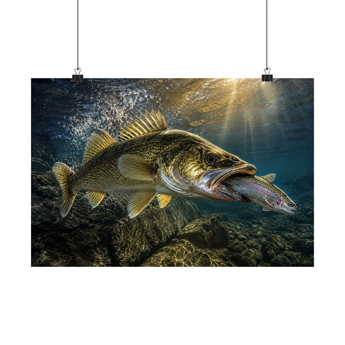 Walleye Striking Through Sunlit Rapids — Matte Horizontal Wall Art