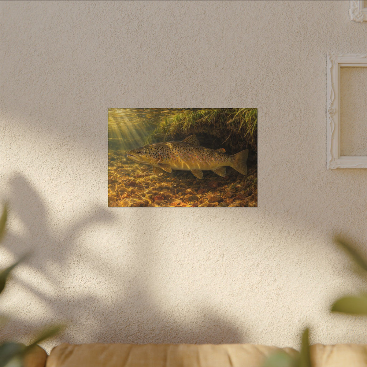 Golden Undercut Brown Trout canvas hanging in a living room