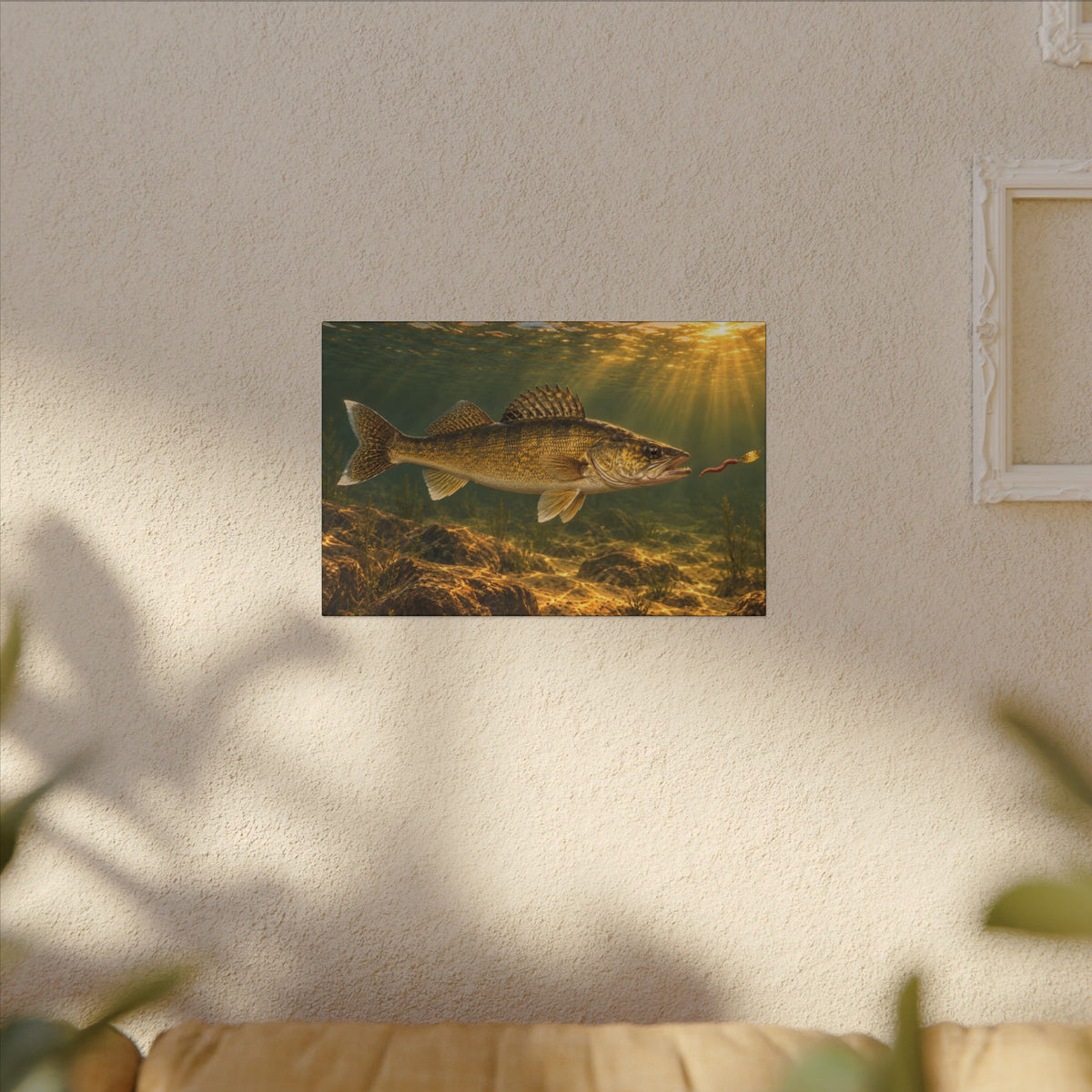 Crawler Harness Strike Walleye canvas hanging in a living room