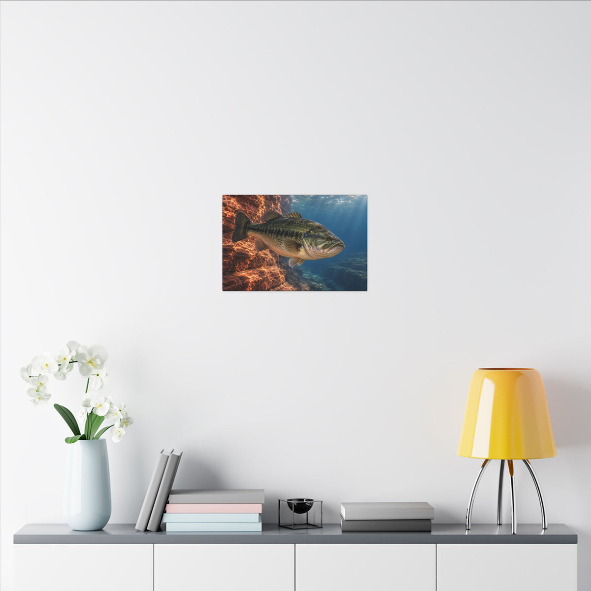 Rust-Red Canyon Glow Largemouth Bass canvas in a home office