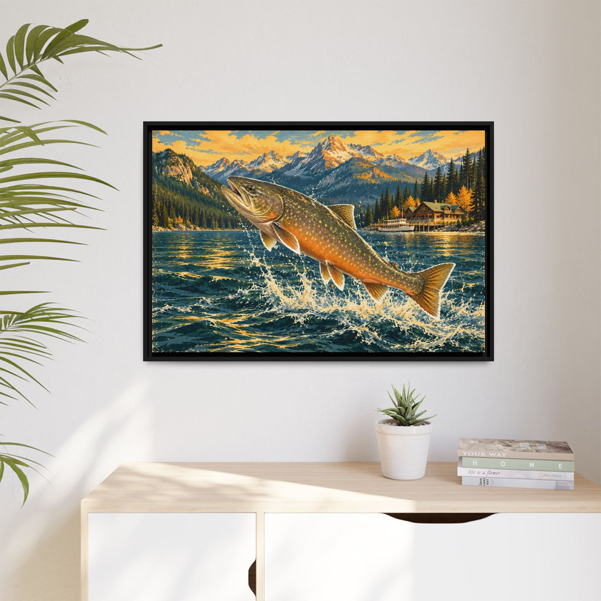 Northern Lake Lodge Bull Trout framed canvas hanging in a living room