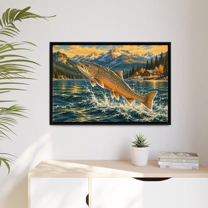 Northern Lake Lodge Bull Trout framed canvas hanging in a living room