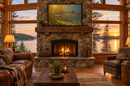 Tiger Muskie in Golden Reeds framed wall art above a stone fireplace in a log cabin overlooking a lake at sunset