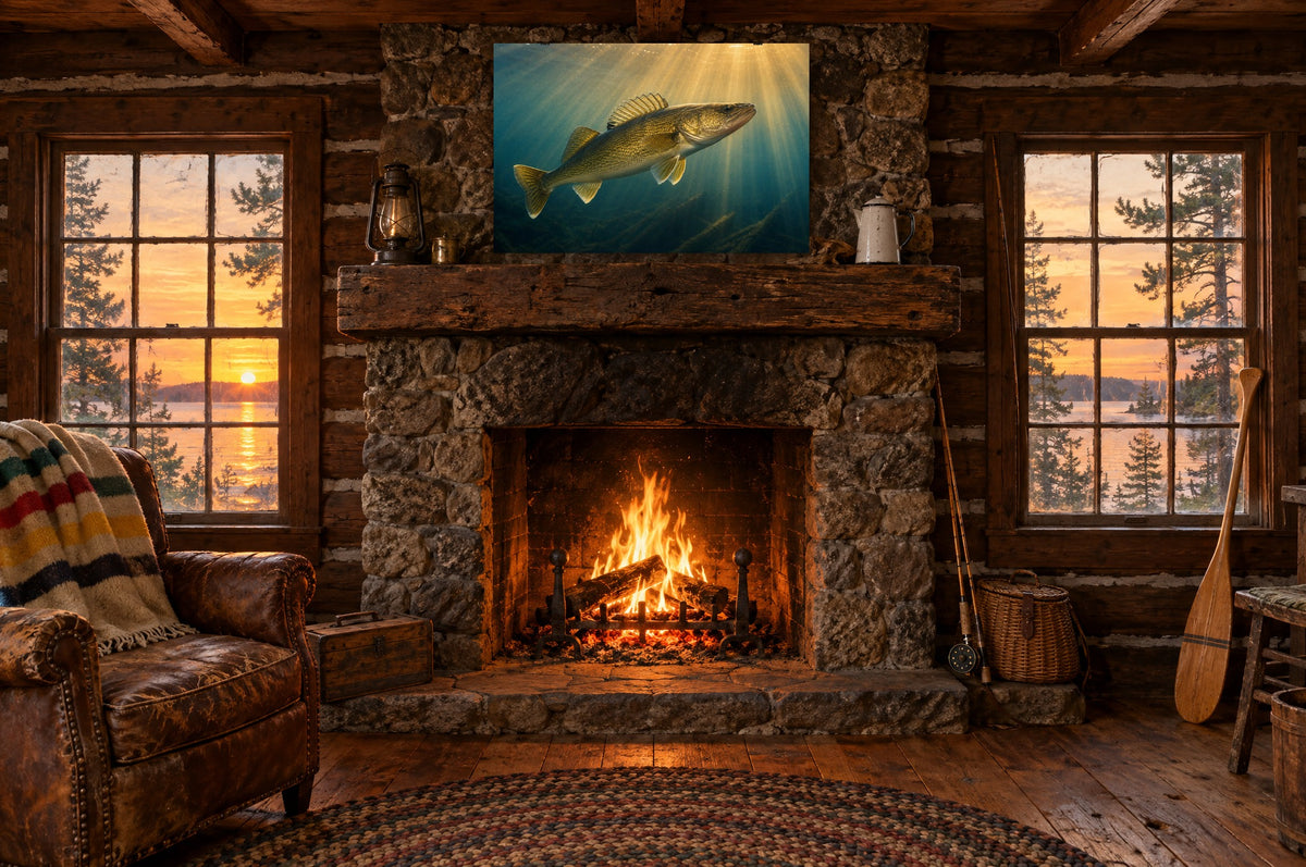 Backlit Sunbeam Cruise Walleye poster wall art hanging above a fieldstone fireplace in a log fishing cabin