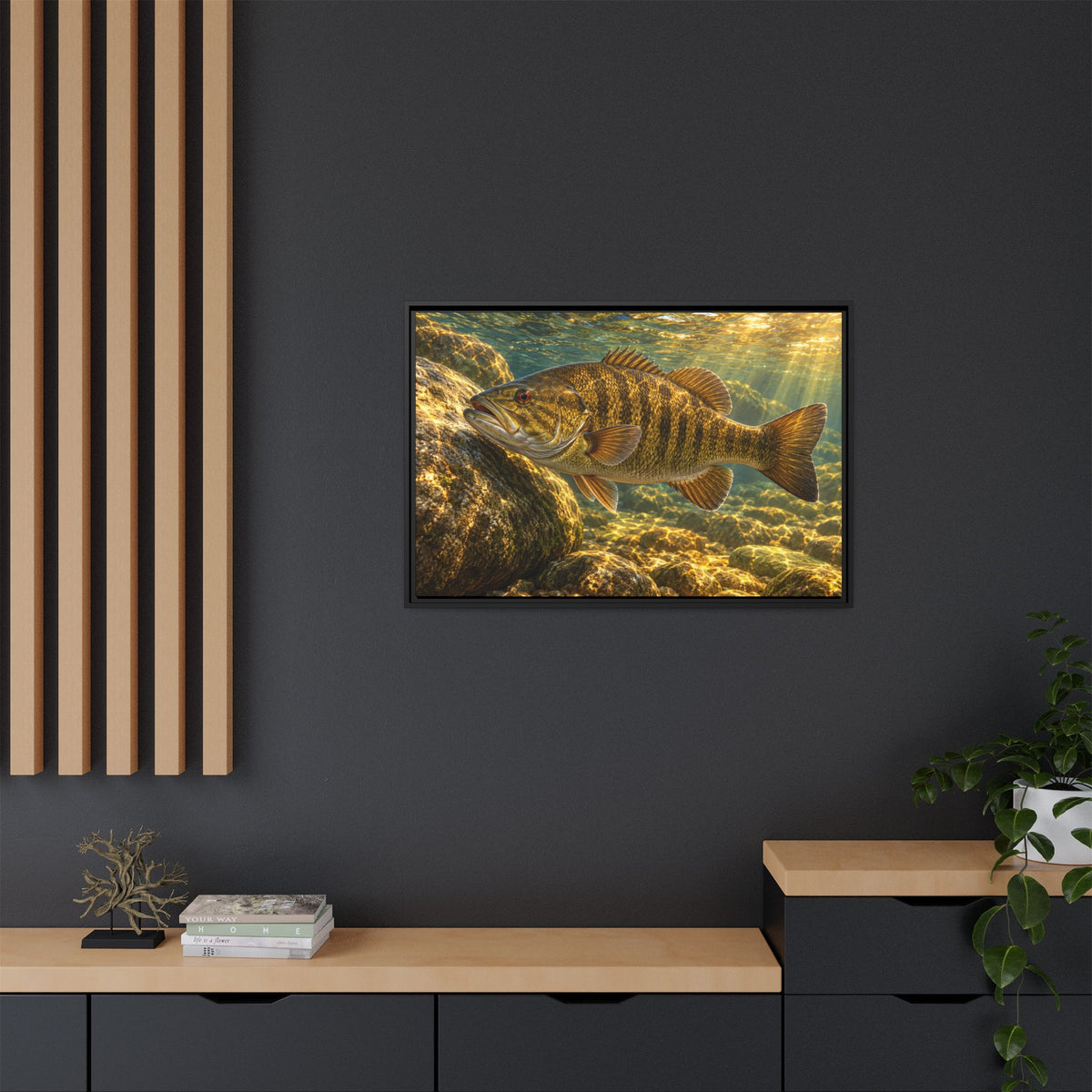 Golden Boulder Smallmouth framed canvas in a home office