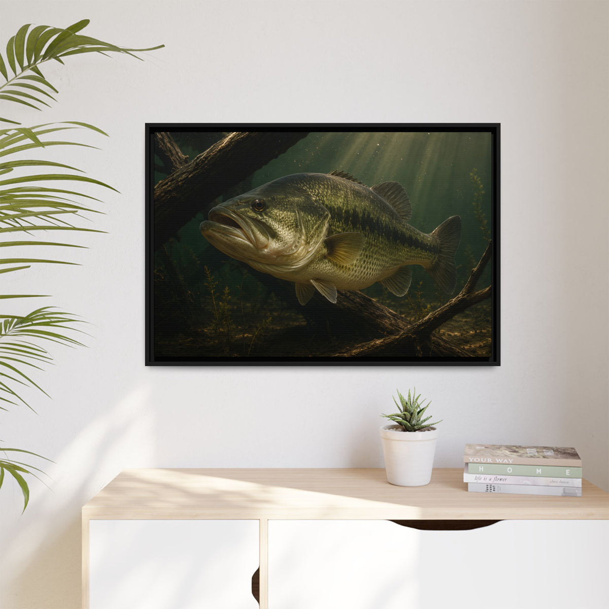 Timber Ambush Largemouth Bass framed canvas hanging in a living room