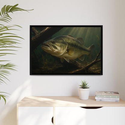 Timber Ambush Largemouth Bass framed canvas hanging in a living room