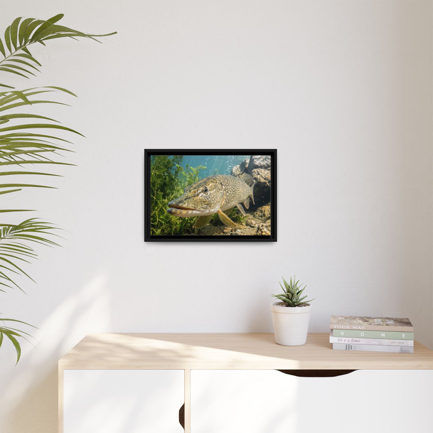 Northern Pike Clear Water Portrait Framed Canvas — Limited Edition Wall Art for Anglers
