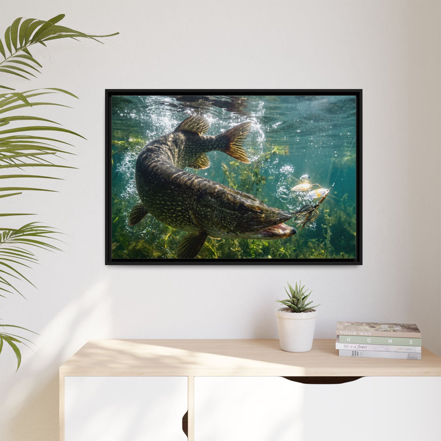 Northern Pike Spinnerbait Strike Framed Canvas — Ready-to-Hang Wall Art for Anglers