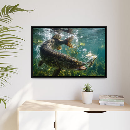 Northern Pike Spinnerbait Strike Framed Canvas — Ready-to-Hang Wall Art for Anglers
