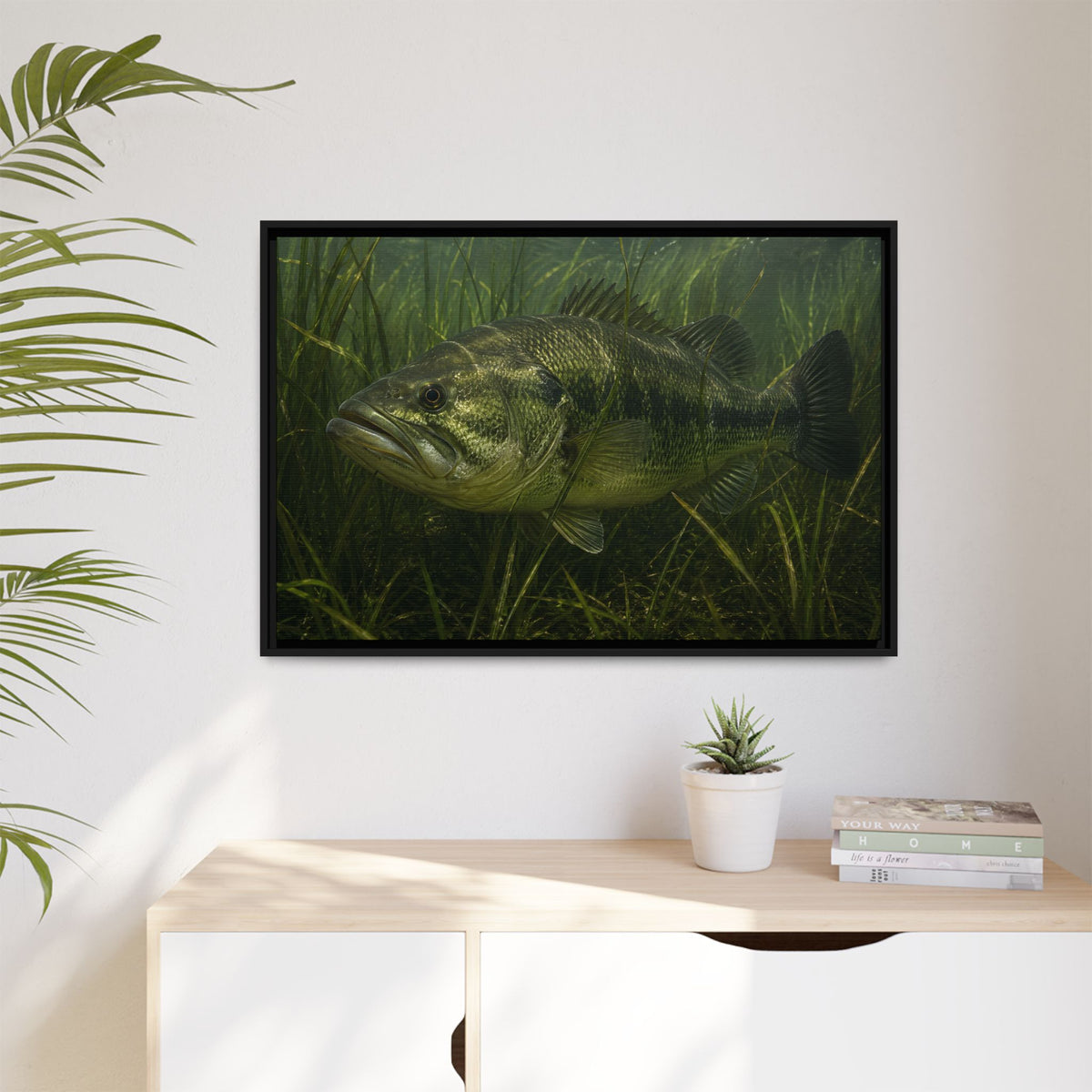 Grass Bed Ambush Largemouth Bass framed canvas hanging in a living room