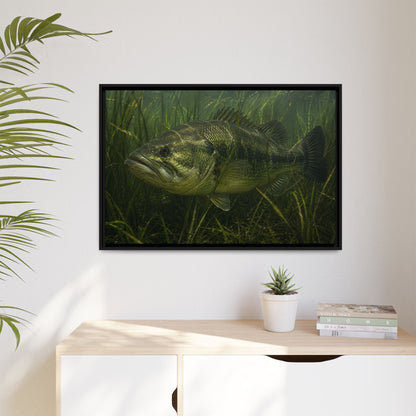 Grass Bed Ambush Largemouth Bass framed canvas hanging in a living room