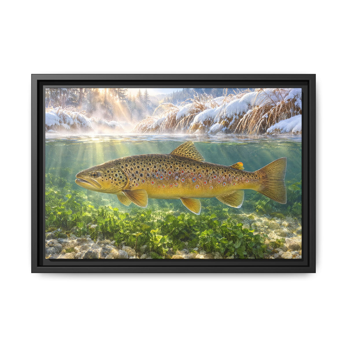 Winter Spring Creek Brown Trout framed canvas, 24x16 size view
