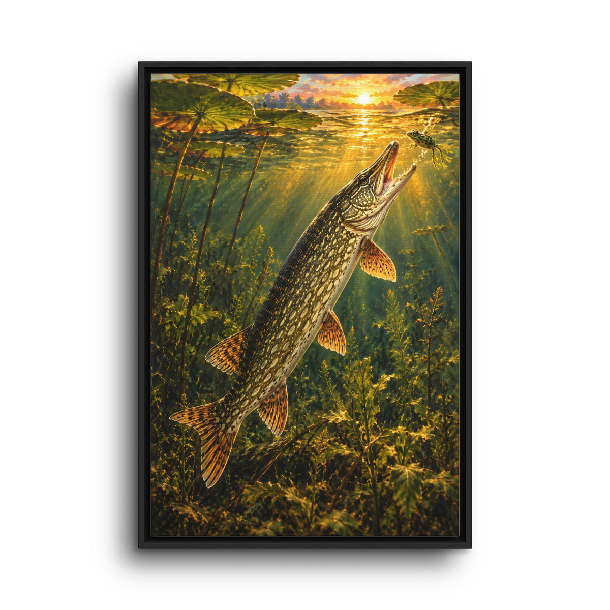 Golden Hour Northern Pike Painting framed canvas wall art, view 3