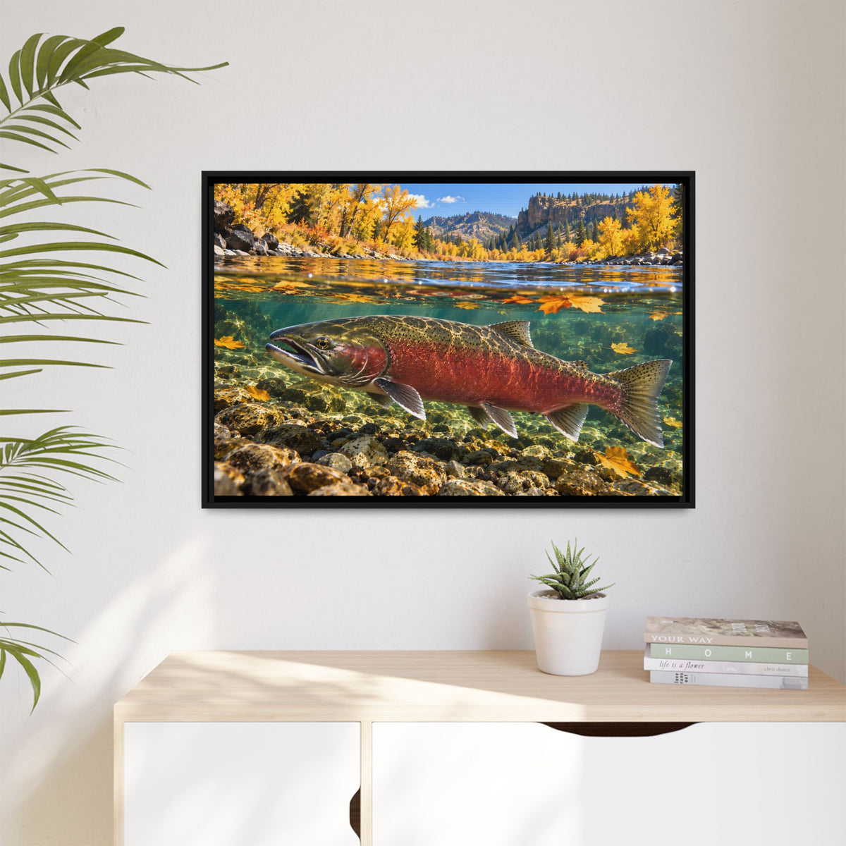 Clearwater Fall Coho Salmon framed canvas hanging in a living room