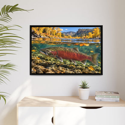 Clearwater Fall Coho Salmon framed canvas hanging in a living room