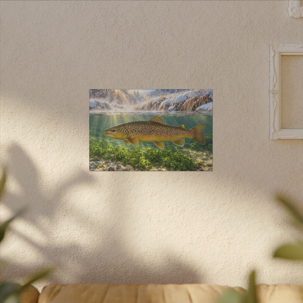 Winter Spring Creek Brown Trout canvas hanging in a living room