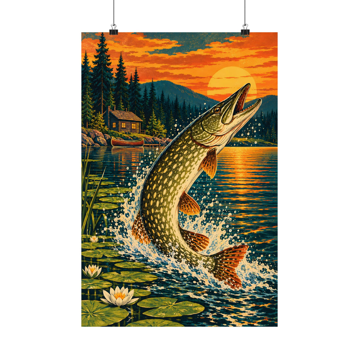 Northern Pike Sunset Leap Vintage vertical poster wall art, 16x24 size view