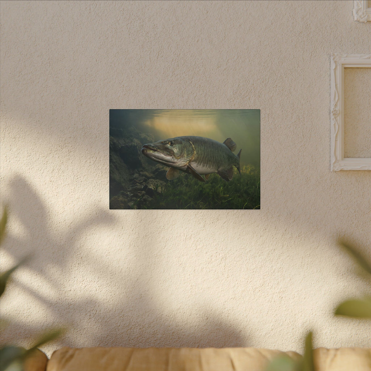 Golden Weed Line Hover Muskie canvas hanging in a living room