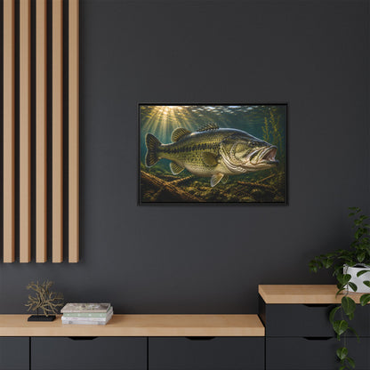 Sunken Timber Glide Largemouth Bass framed canvas in a home office
