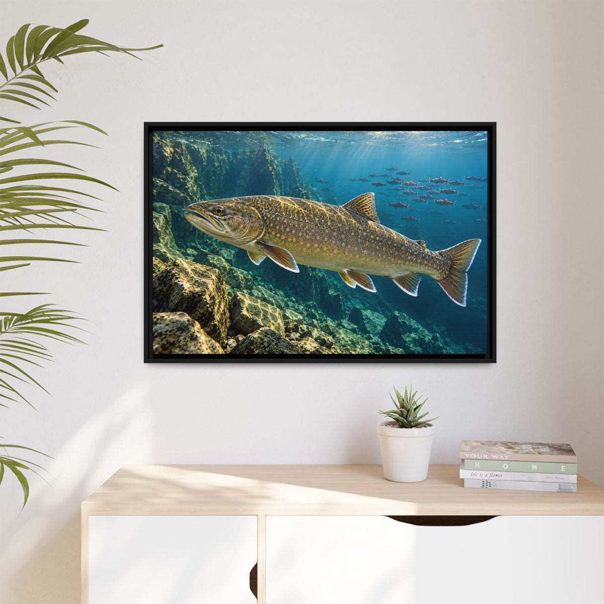 Pend Oreille Giant Bull Trout framed canvas hanging in a living room