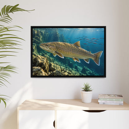 Pend Oreille Giant Bull Trout framed canvas hanging in a living room