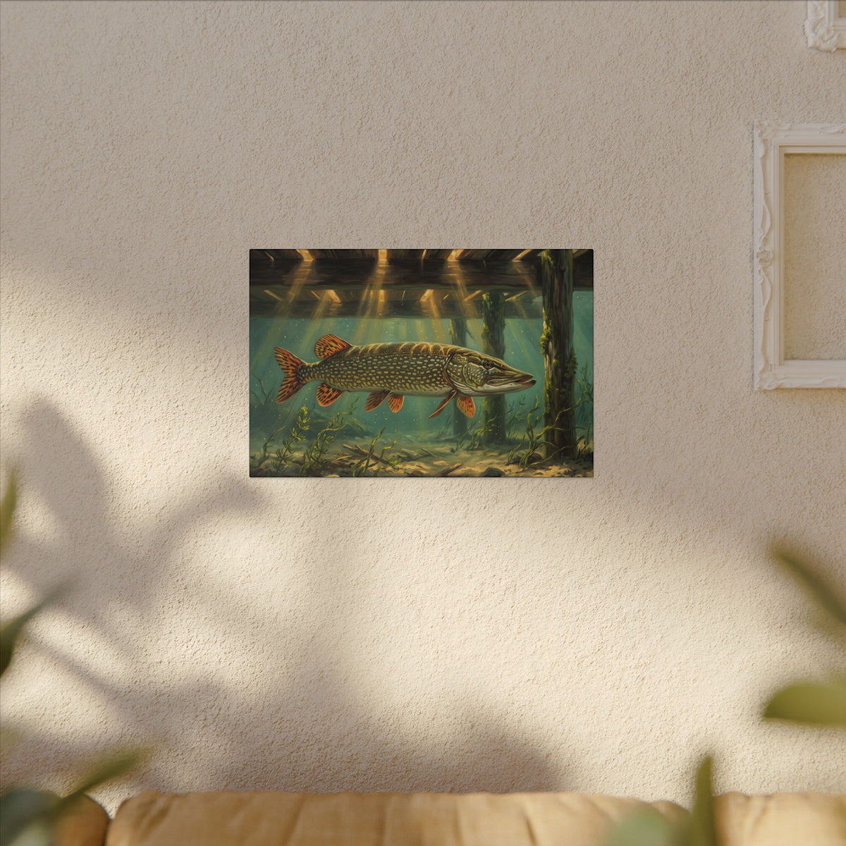 Under the Dock Northern Pike canvas hanging in a living room