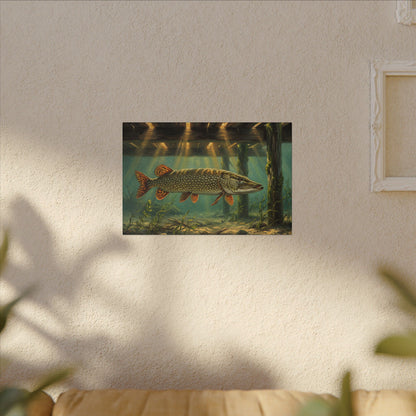 Under the Dock Northern Pike canvas hanging in a living room