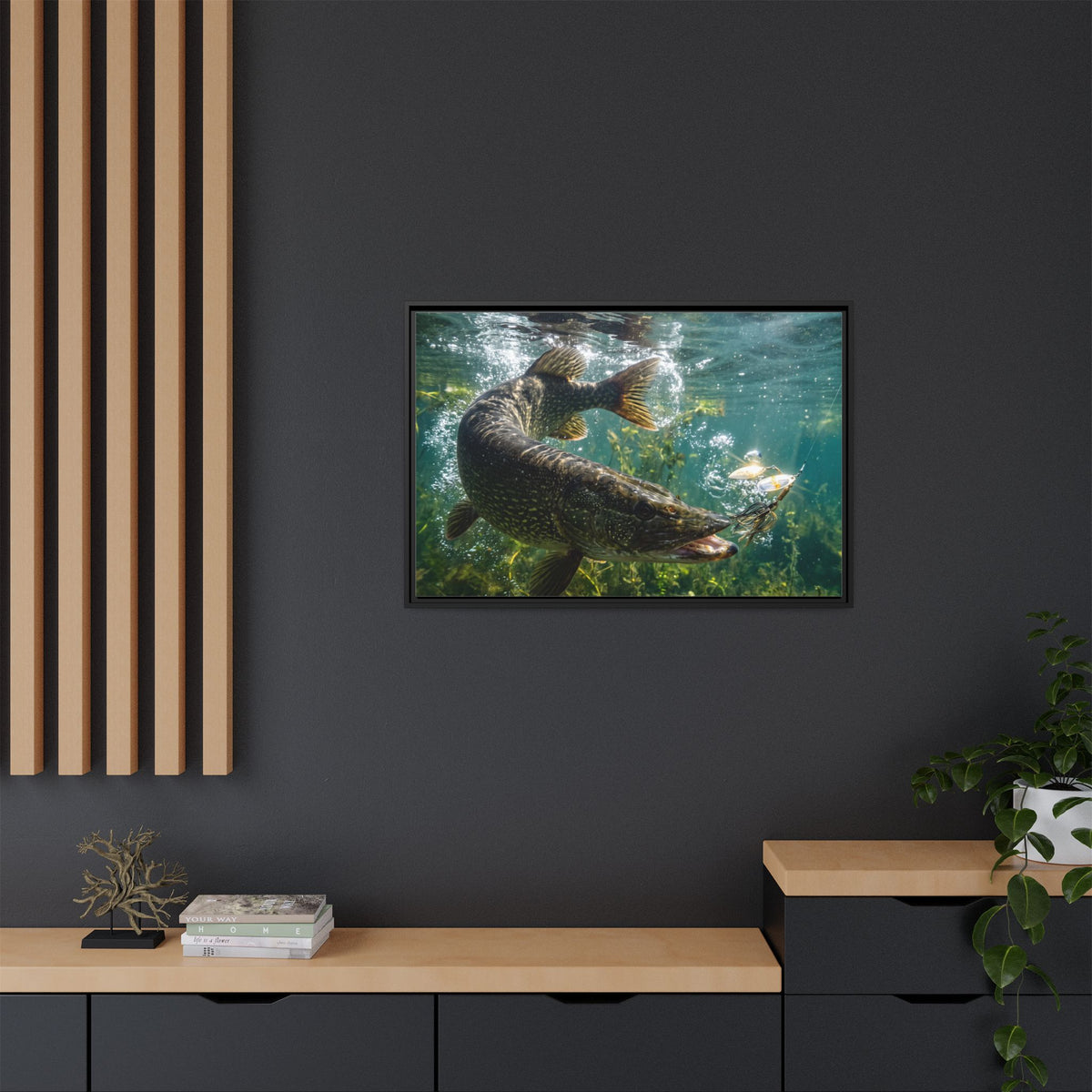 Northern Pike Spinnerbait Strike Framed Canvas — Ready-to-Hang Wall Art for Anglers