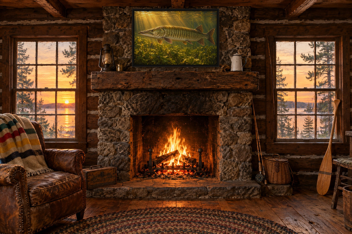 Framed muskie wall art above a fieldstone fireplace in a vintage log fishing cabin at sunset