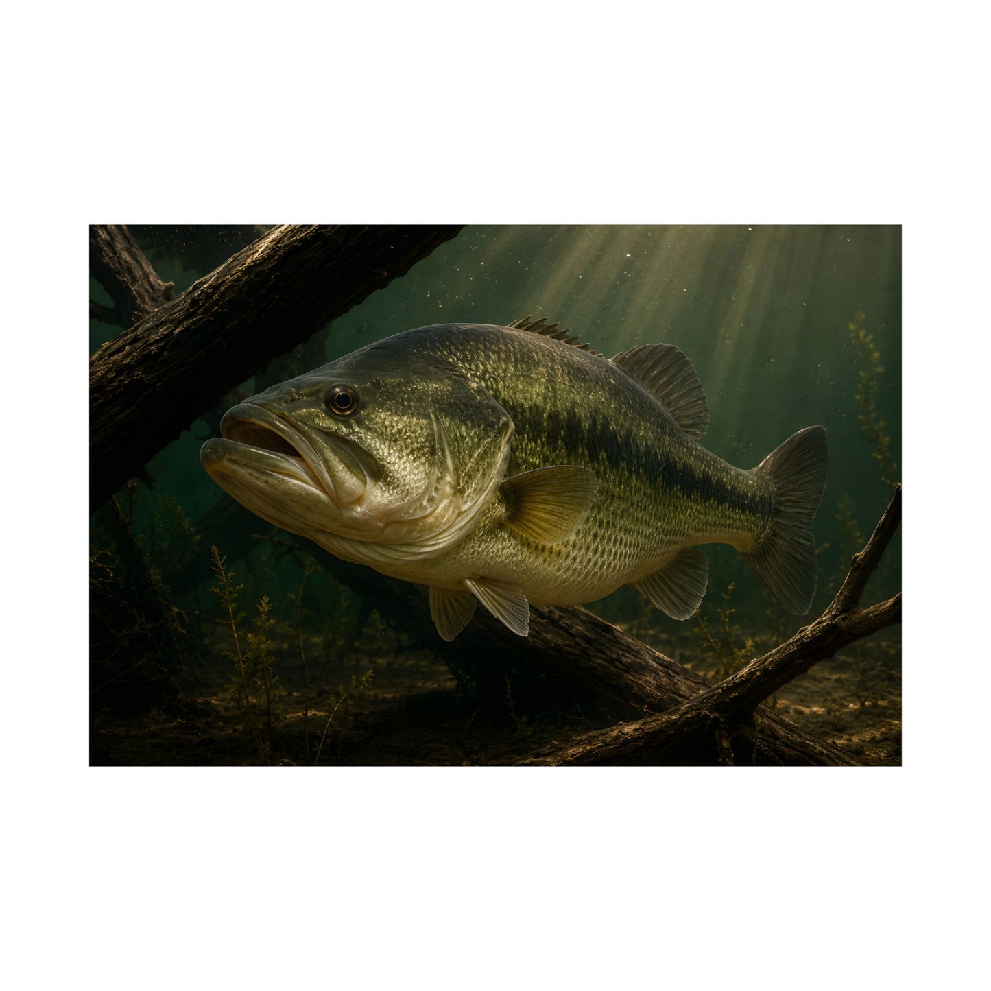 Largemouth Bass Timber Ambush Poster — Freshwater Fish Wall Art for Anglers
