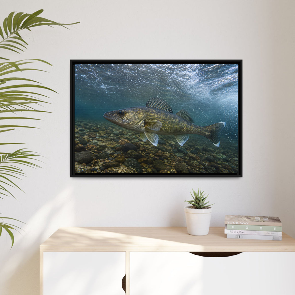 Cobbled Shallows Walleye framed canvas hanging in a living room