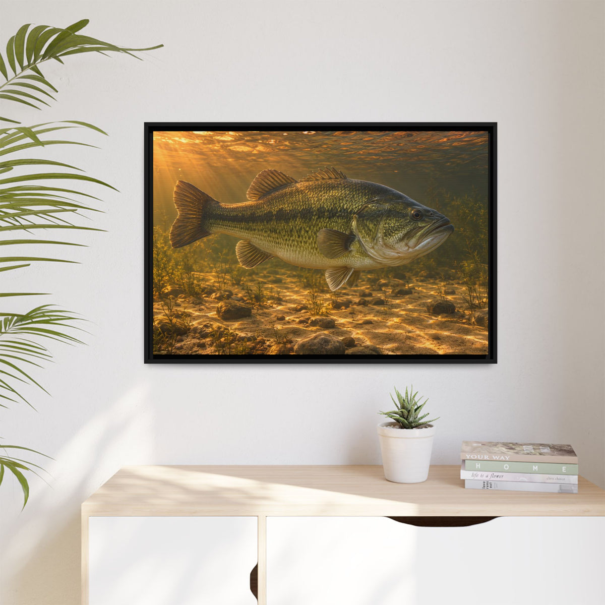 Copper Evening Flats Largemouth Bass framed canvas hanging in a living room