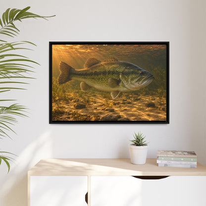 Copper Evening Flats Largemouth Bass framed canvas hanging in a living room