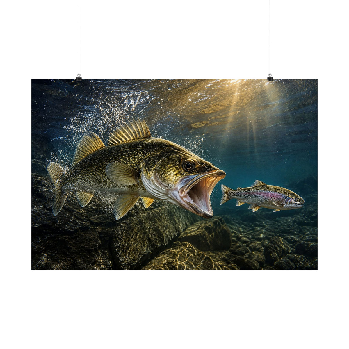 Walleye Ambush Strike Through the Rapids — Matte Horizontal Wall Art