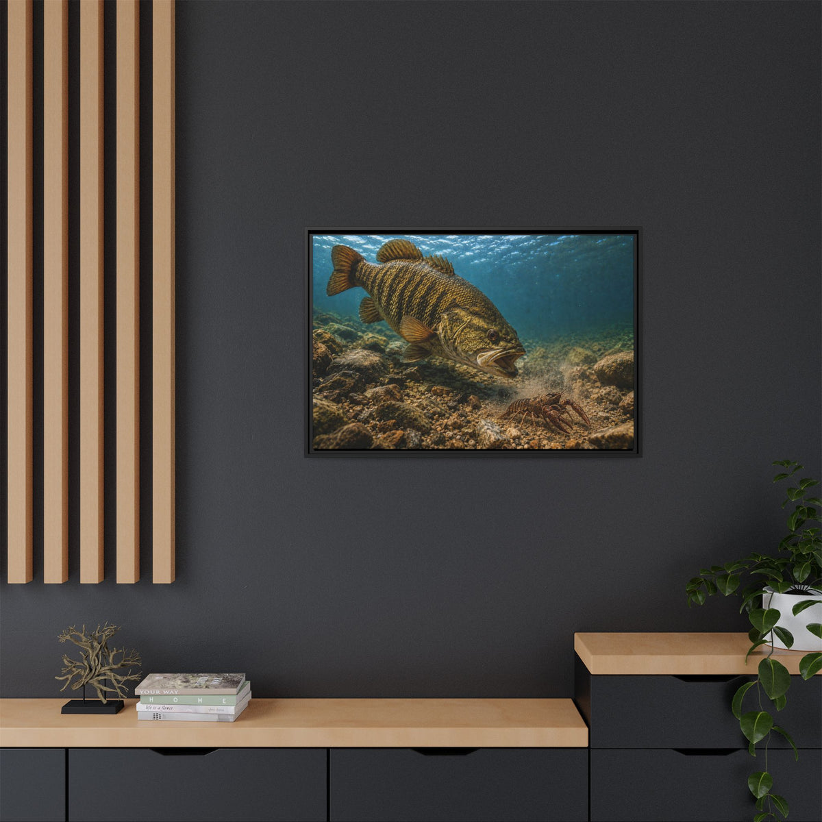 Crawfish Chase Smallmouth Bass framed canvas wall art, view 6