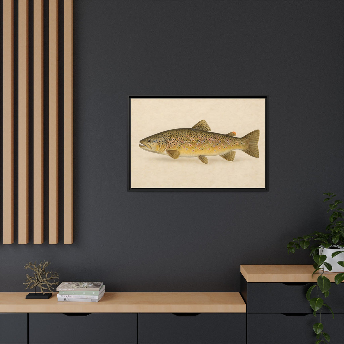 Brown Trout Field Study framed canvas in a home office
