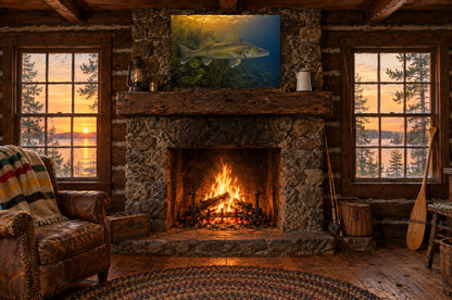 Dusk Weed Edge Walleye poster wall art hanging above a fieldstone fireplace in a log fishing cabin