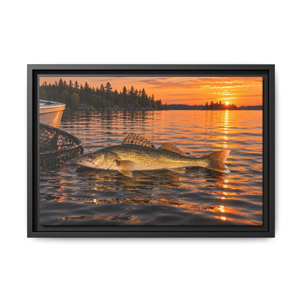 Boatside Golden Hour Walleye framed canvas, 24x16 size view
