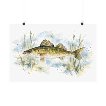 Watercolor Reeds Walleye poster wall art, 18x12 size view