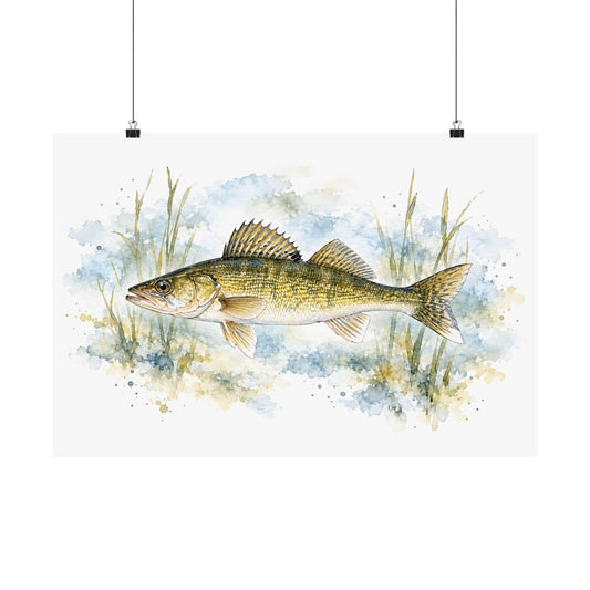 Watercolor Reeds Walleye poster wall art, 18x12 size view