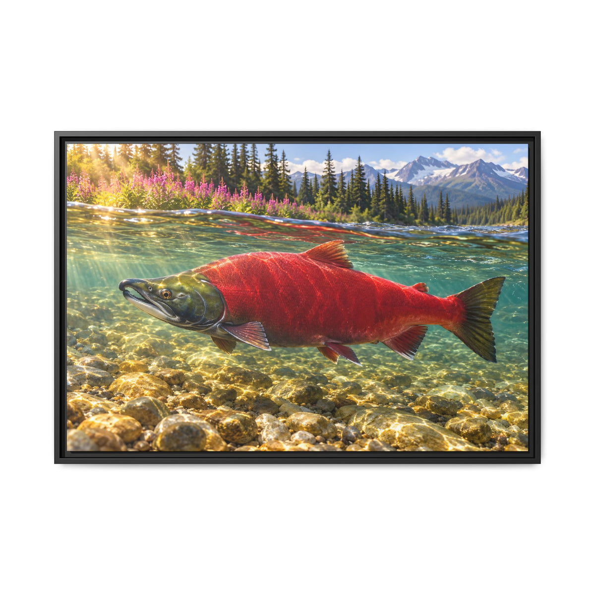 Crimson Run Sockeye Salmon framed canvas, 18x12 size view
