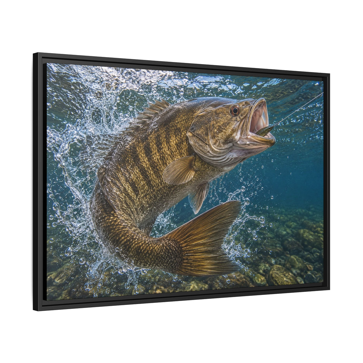 Boatside Fight Smallmouth Bass framed canvas wall art, view 4