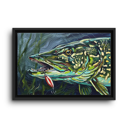 Legends Bold Close-Up Weed-Line Northern Pike framed canvas wall art