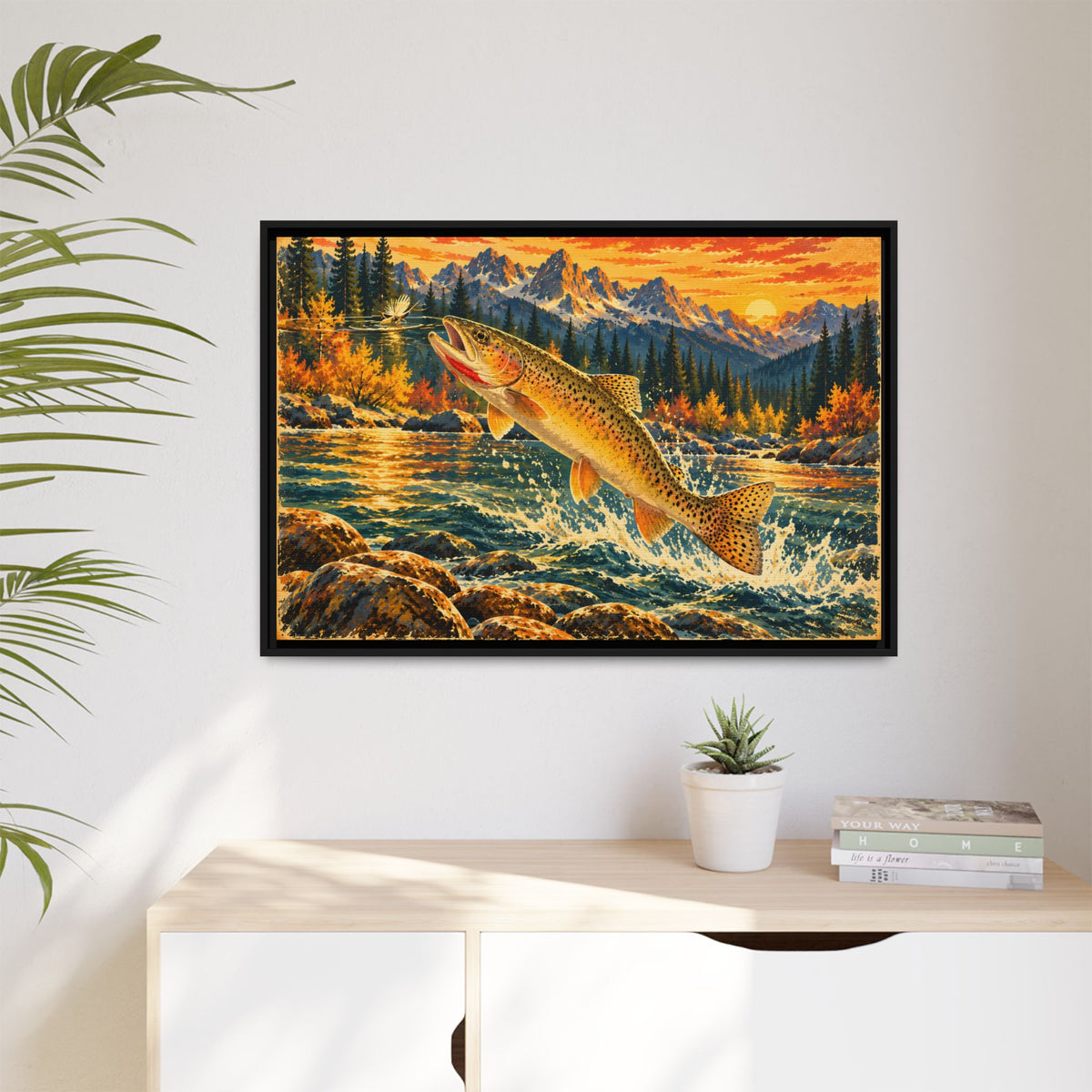 Idaho Wilderness Cutthroat Trout framed canvas hanging in a living room
