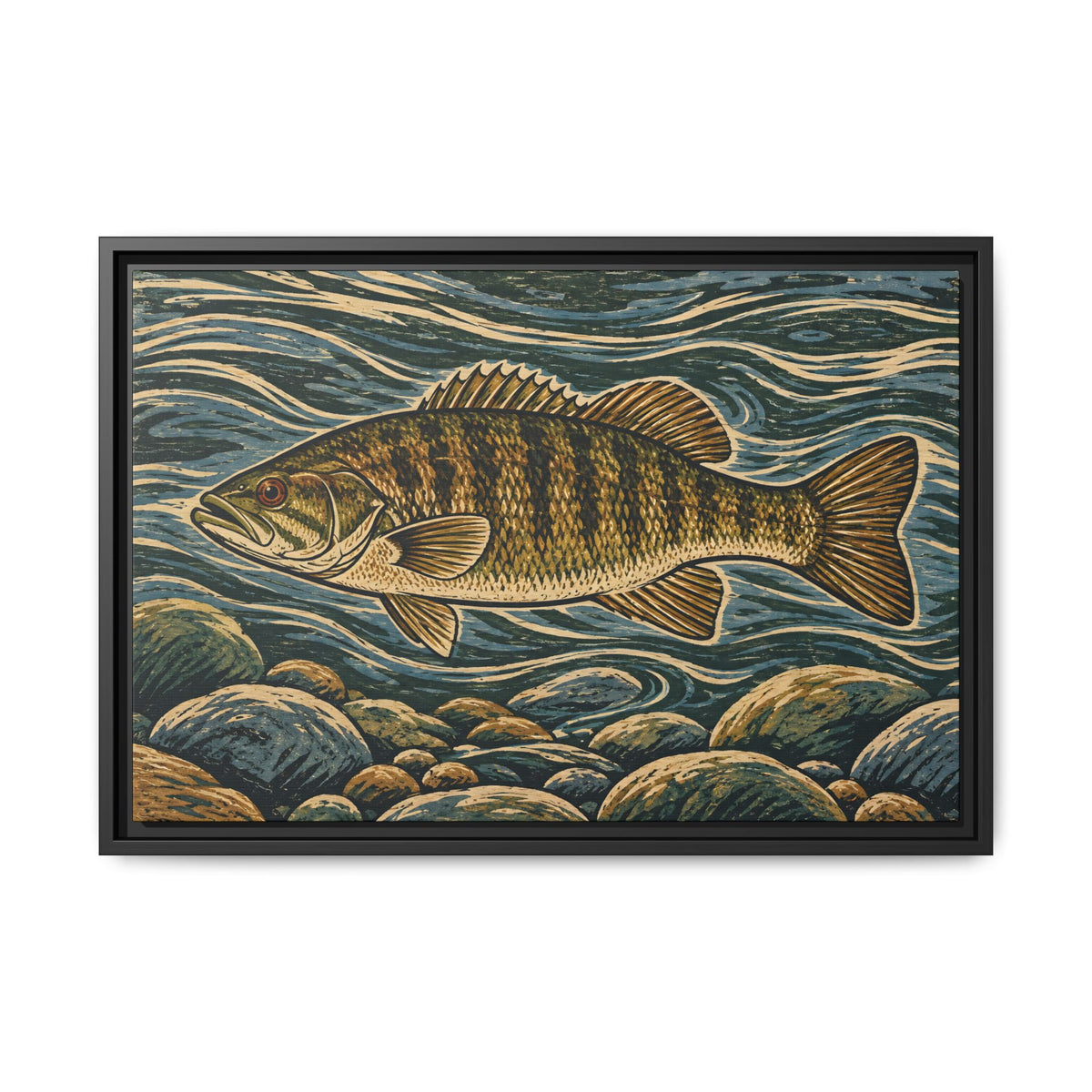 Woodcut River Smallmouth Framed Canvas wall art, view 3