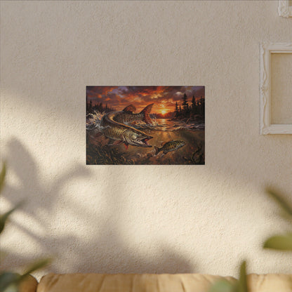 Sunset Muskie canvas hanging in a living room
